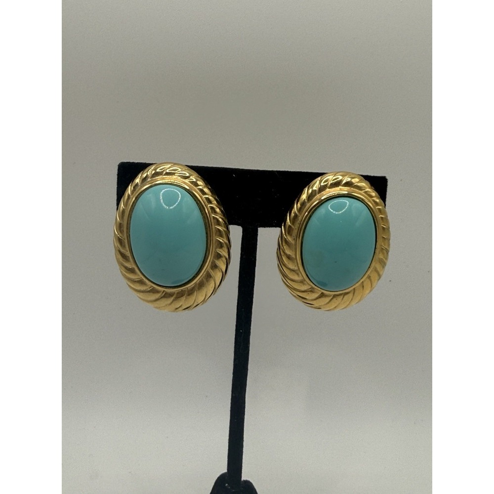Vintage Clip On Earrings Turquoise Color Caboshon Gold Tone Frame Big